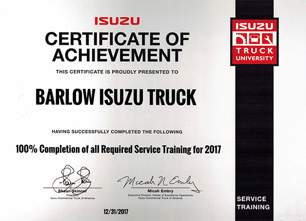 Isuzu Certificate of Achievement for Barlow Isuzu Truck