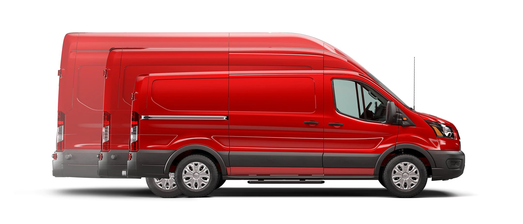 A graphic comparing the three different sizes of Ford E-Transit vans.