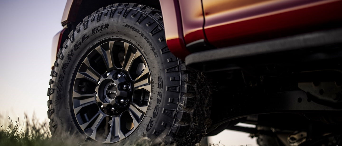 A close-up of Ford Super Duty tires.