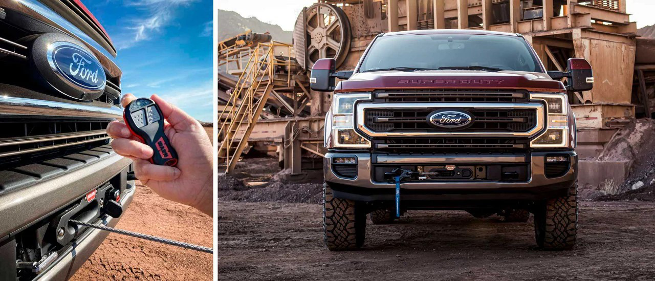 A close-up of the powerful winch on a Ford Super Duty.