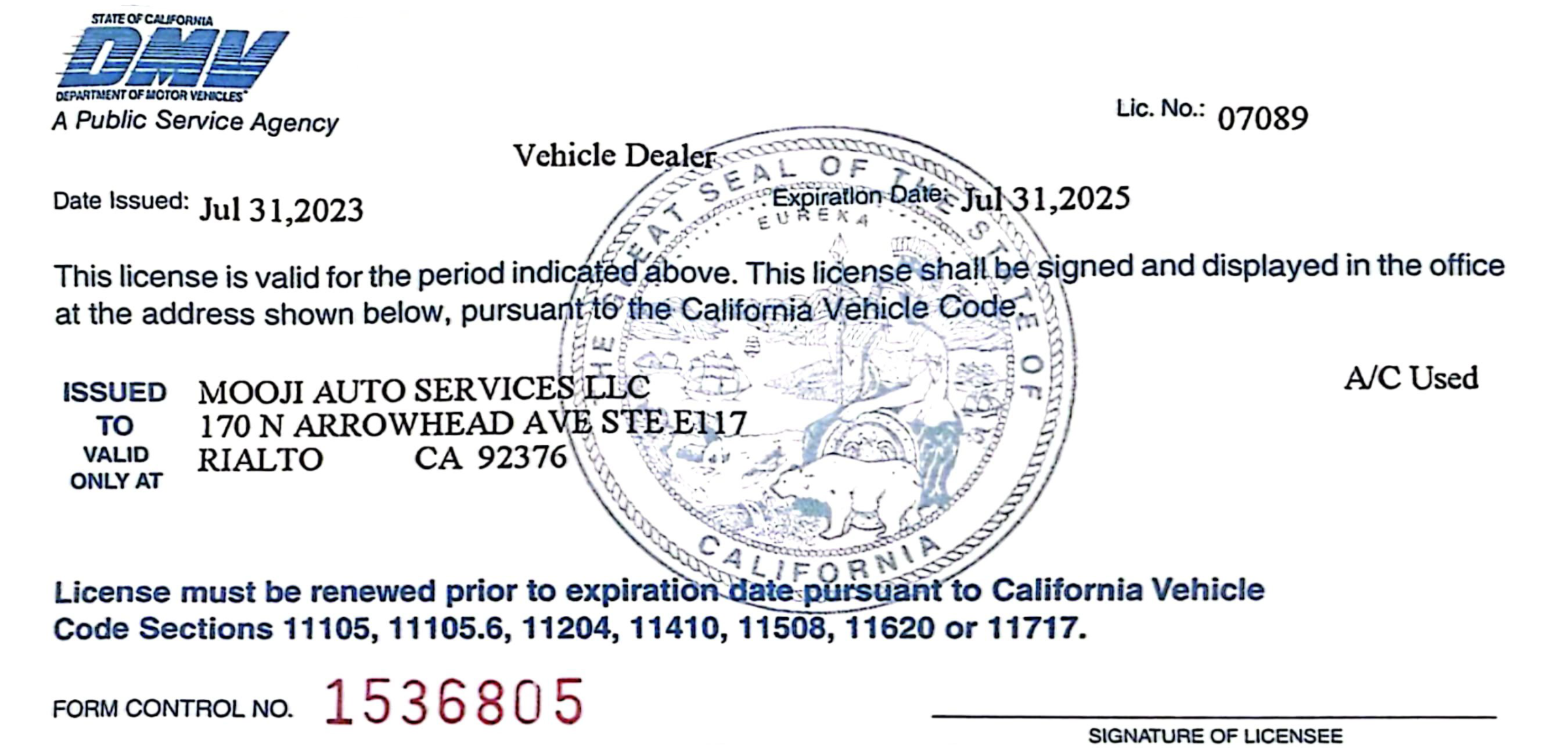 DMV Dealer License for Mooji Truck Sales in Santa Clarita CA